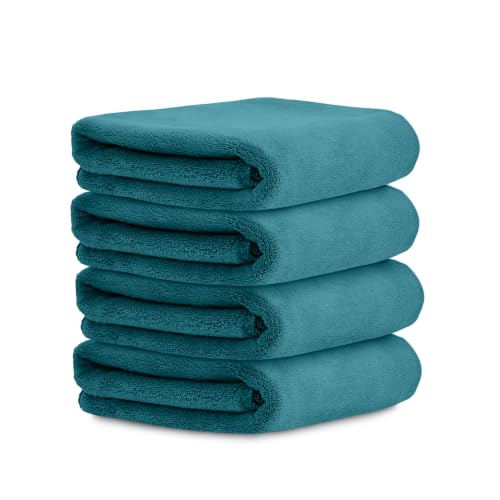 Image of HOUSSE Microfiber Face Towels | Ultra Absorbent, Odour-Free, Quick Dry 450 GSM Face Towel for Home, Gym, Travel, Running and Personal Use | 30x30 cm | Set of 4 in One Colour (Pacific Green, Pack of 4)