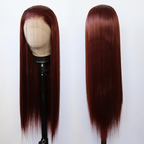 BTWTRY Reddish Brown Synthetic Lace Front Wig Long Straight Auburn Brown Lace Front Synthetic Wig Pre Plucked Natural Hairline Glueless Heat Resistant Fiber Hair Wig for Fashion Women (Reddish Brown) - Thumbnail 5