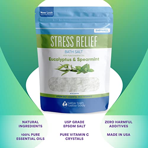 Stress Relief Bath Salt 32 Ounces Epsom Salt With Natural Spearmint And Eucalyptus Essential Oils Plus Vitamin C In Bpe Free Pouch With Easy Press-Lock Seal #TOP1