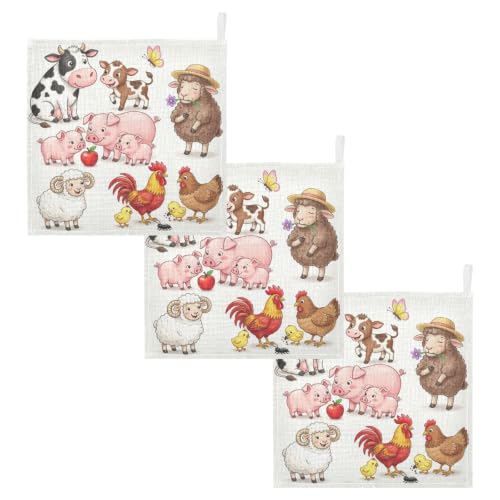 Image of Cow Pig Sheep Chick Burp Cloths for Boys Girls, 3 Pack Farmhouse Animals Muslin Washcloths, Newborn Face Bath Towel, Soft Absorbent Cotton Wash Cloth, Baby Registry, 12 x 12 Inch