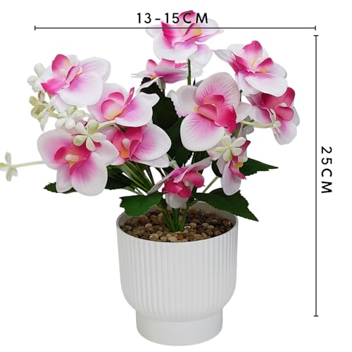 Image of CURATED CART Flower Pot with Artificial Flowers - Orchid White & Pink Flower with White Vase | Ideal for Home Decor | Office Decor | Gifting | Size 25 x 15cm
