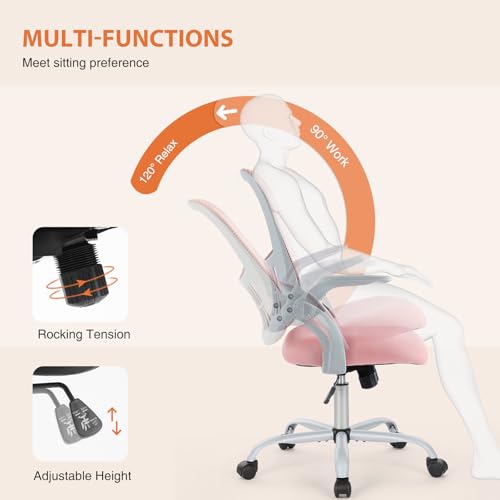 Image of Sweetcrispy Home Office Computer Desk Chair, Ergonomic Mid-Back Mesh Rolling Work Swivel Task Chairs with Wheels, Comfortable Lumbar Support, Comfy Flip-up Arms for Bedroom, Study, Student, Pink
