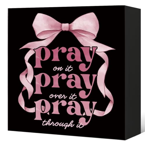 Enkvke Pink and Black Bathroom Decor, Christian Desk Decor, Bow Bible Verse Pray on It Wooden Box Signs Decorations for Girls Pink and Black Room Bedroom Desk Shelf Wall Decor, 5x5 Inch