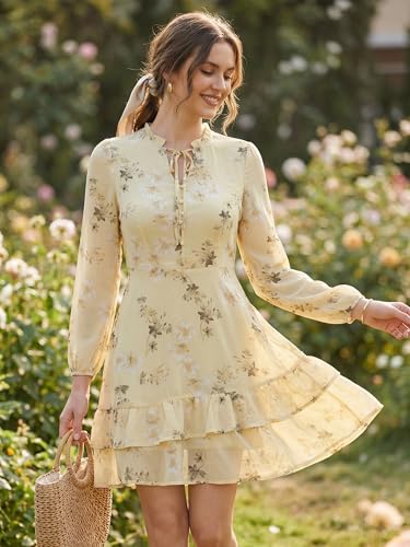 Image of Allegra K Women's Spring Dresses 2026 Tie V Neck Semi Sheer Long Sleeve Layered Tiered Chiffon Mini Floral Dress