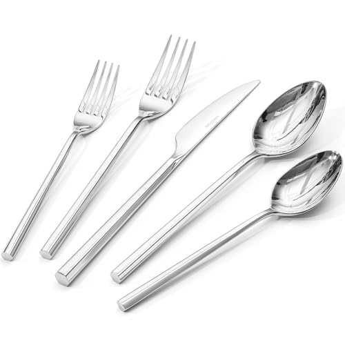 KINGSTONE 40-Piece Silverware Set, 18/10 Stainless Steel Flatware Cutlery Set with Hexagon Handle, for Hotel, Home, Party, Wedding Gift, Mirror Polish and Dishwasher Safe