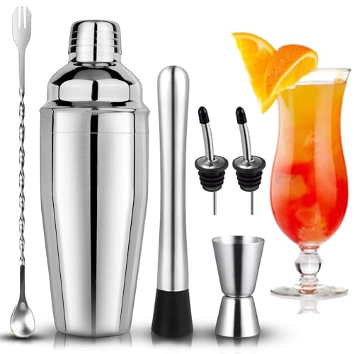 Zeuwets 6 Pièces Shaker Cocktail Kit, 750ml Shaker à Cocktail en Acier Inoxydable, Cocktail Shaker Professionnel avec Accessoires, Kit de Barman Cocktail Shaker pour Famille, Bar, Fête, Cadeau