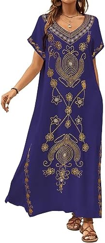 Bsubseach Women Embroidery Short Sleeve Bikini Swimsuit Cover Up Side Split Beach Kaftan Dress