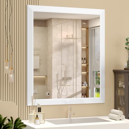 SMIROR 28x32 Matte White Bathroom Vanity Mirror for Over Sink