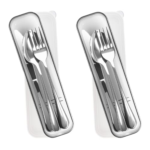 Mnsconkl Set Couverts Camping Inox 2 Personnes avec Boîte de Transport | Set de couverts camping inox pour 2 personnes avec boîte pratique. Réutilisable, idéal pour voyage, bureau et pique-nique