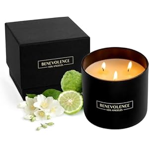 Benevolence LA 3 Wick Candle, Bergamot & Jasmine Scent, Large Soy Wax, 398g, 50 Hour Burn, Aromatherapy Gift for Women, Home Fragrance, Relaxing and Elegant