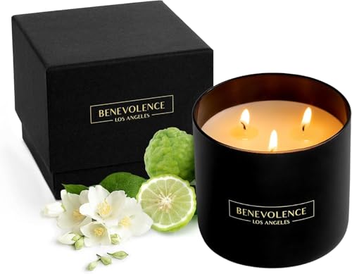 Benevolence LA 3 Wick Candle, Bergamot & Jasmine Scent, Large Soy Wax, 398g, 50 Hour Burn, Aromatherapy Gift for Women, Home Fragrance, Relaxing and Elegant