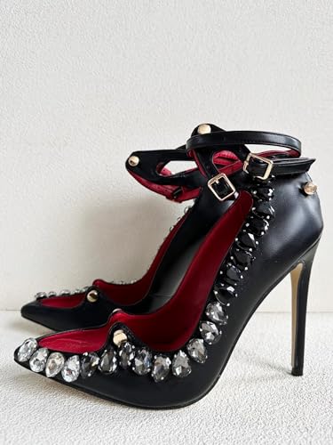 Frankie Hsu Ladies Sexy Elegant Stiletto High Heeled Pumps, Lovely Black Crystal Rhinestone Gem Stone Lovely Red Style, Big Large Size US4-14 Dressy Shoes for Women Men4