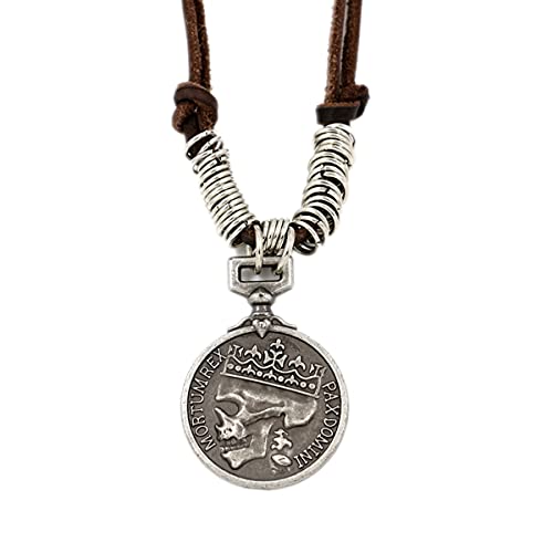 ODETOJOY Classic Coin Brown Genuine Leather Pendant Necklace Skull Steampunk