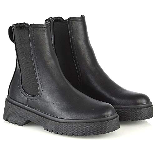 Essex Glam Womens Chelsea Ankle Boots Ladies Black Synthetic Leather Block Low Heel Elastic Gusset Chunky Sole Combat Shoes 9 B(M) Us #TOP1