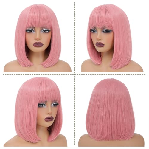 Sarensall Bob Pink Wigs With Bangs for Women Synthetic Wig for Daily Party — view 3