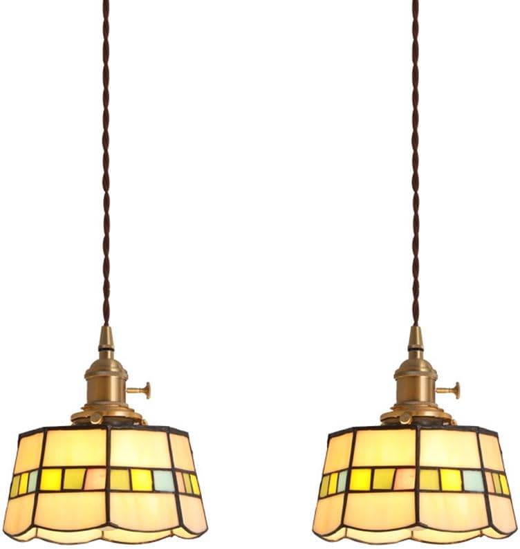 Ceiling Light Fixture Vintage Glass Decor Stained Glass Ceiling with Brass Switch On/Off Mid Century Cylinder Kitchen Island Lighting Fixture 2 Pack Chandelier