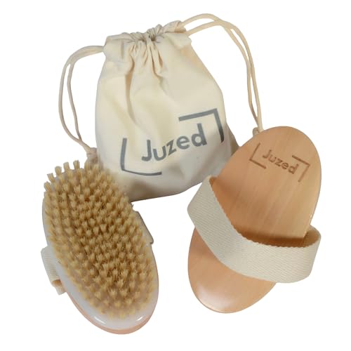 Juzed Spazzola Esfoliante Corpo a Secco – Setole Naturali Anticellulite – Dry Brushing Linfodrenante, Massaggio, Manico in Legno, Sacchetto per il Trasporto