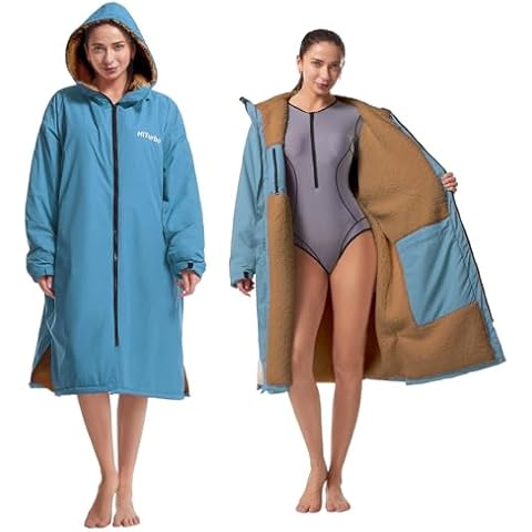 Hiturbo Warm Waterproof Swim Parka: Oversized Hooded Changing Robe - Sherpa Liner Swimming Coat - Recycled Fabric Surf Poncho (Blue) Cover