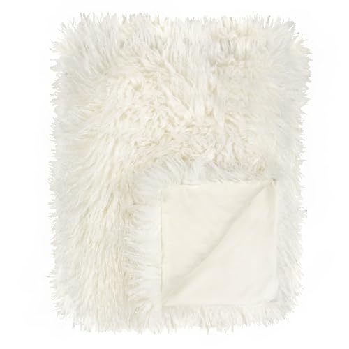 furn. Rowan Throw – Soft Faux Fur Mongolian Style Decorative Blanket with Velvet Reverse (Ecru - 130x175cm)