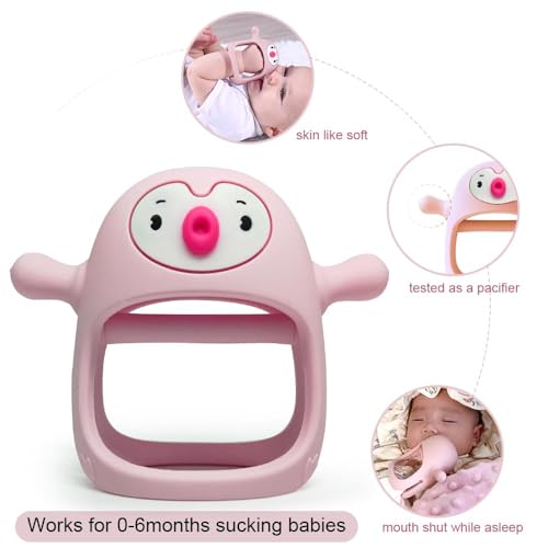 Image of Penguin Buddy Never Drop Silicone Baby Teething Toy for 0-6month nfants, Baby Chew Toys for Sucking Needs, Hand Teether for 3-6Months,Car Seat Toy for Infants, (Old Roze)
