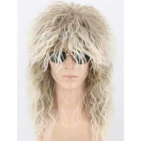 LeMarnia 70er/80er Rocker Vokuhila Perücke Lang Gelockt BraunVerlauf Weiß Unisex Erwachsene Perücke Halloween Cosplay Kostüm Perücke Cover
