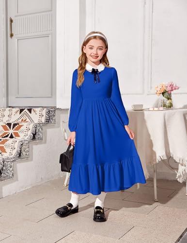 Image of Arshiner Girls Maxi Dresses Lantern Long Sleeve Casual Holiday Dress with Pockets for 5-14 Y