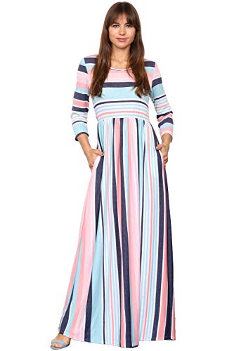 Eloges Women's 3/4 Sleeve Contrast Floral | Stripe Maxi Dress (Mint Pink, X-Large) #TOP2