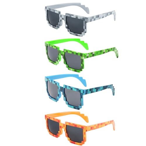 kilofly 4pc 8-Bit Pixel UV Protect Gamer Sunglasses Adult Kids Party Favors