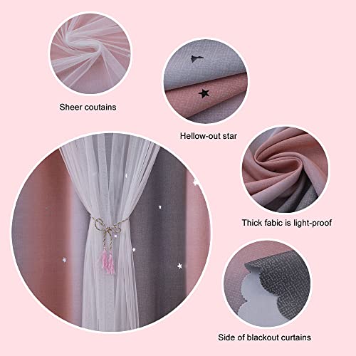 Rainbow Ombre Star Cutouts Blackout Curtains For Girl Kid Nursery Bedroom And Living Room Decor Darken Double Layer Window Cute Grommet Curtains Soundproof Light (Pink Grey 52W X 84L 2- Panels) #TOP3