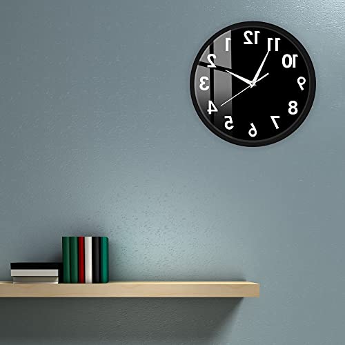 The Geeky Days Backwards Metal Frame Wall Clock Non Ticking Reverse Wall Clock Battery Operated Creative Digital Time Watch Home Decor 12Inch Round Shape Wall Clocks Black thumb #4