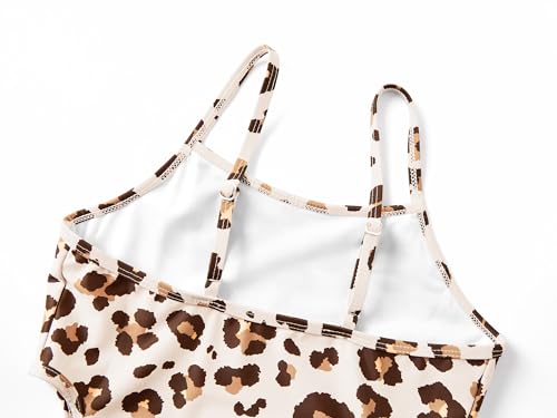 Image of Dvenki Big Girls Asymmetric Cutout Swimsuit Adjustable Straps Sizes 6X-16 | color block, leopard, tropical prints, front lined swimwear, removable pads, suitable for beach, vacation, pool play