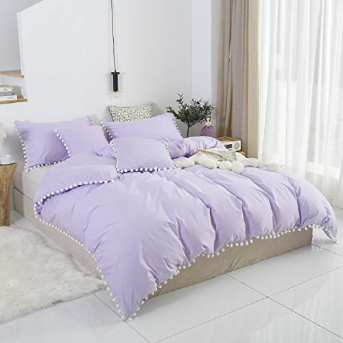 Softta Girls Bedding Purple Duvet Cover Full 3 Pcs Ruffle Pompoms Bohemian Bedding Boho Baby Teen Girls Bed Cover 100% Cotton White Pom-Fringe #TOP1