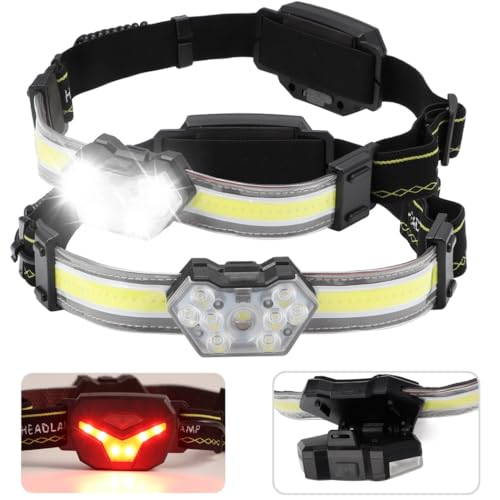 Led Headlamp Rechargeable, 2 Pcs Wearable Led Headlight, 600 Lumens 270° Wide Beam Head Flashlight with Waterproof, Red Taillight, 5 Modes for Camping, Night Fishing, Repairing