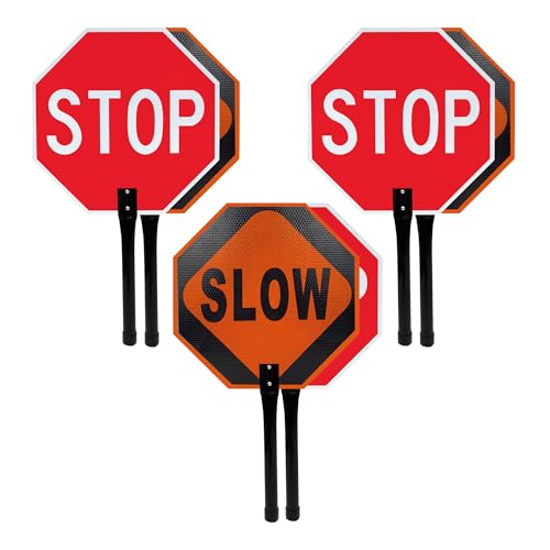 Olanzu (3 Pack) 18 x 18 inch "STOP-SLOW" Sign with Metal Handle - Crossing guard Stop and slow paddle signs Double Sided - Highly Reflective - High Intensity Prismatic - 100% Aluminum