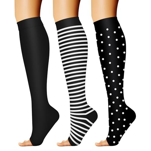 CHARMKING 3 Pairs Open Toe Compression Socks for Women & Men Circulation 15-20 mmHg is Best for All Day Wear Running Nurse (10 Black/Black/Stripes, L/XL)