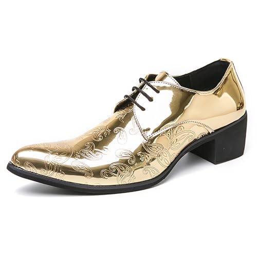 Men's Printing Pointed-Toe Patent Leather Derby Oxford Shoes,Classic Lace-up Low Top Block High Heel Fashion Slip on Prom Business Wedding Dress Shoes