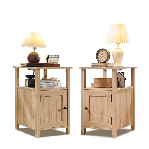 Image of IFBUY Farmhouse Nightstands Set of 2, Narrow Bedside Table with Charging Station, Night Stand Set 2 with Storage & Open Shelf, End Tables w /Groove Barn Door for Bedroom, Living Room-Natural