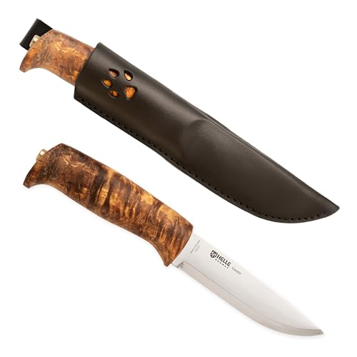 HELLE Knives - Gaupe - Stainless Steel Outdoor Camping Knife Stick Tang Fixed Blade with Sheath Curly Birch Handle Made in Norway