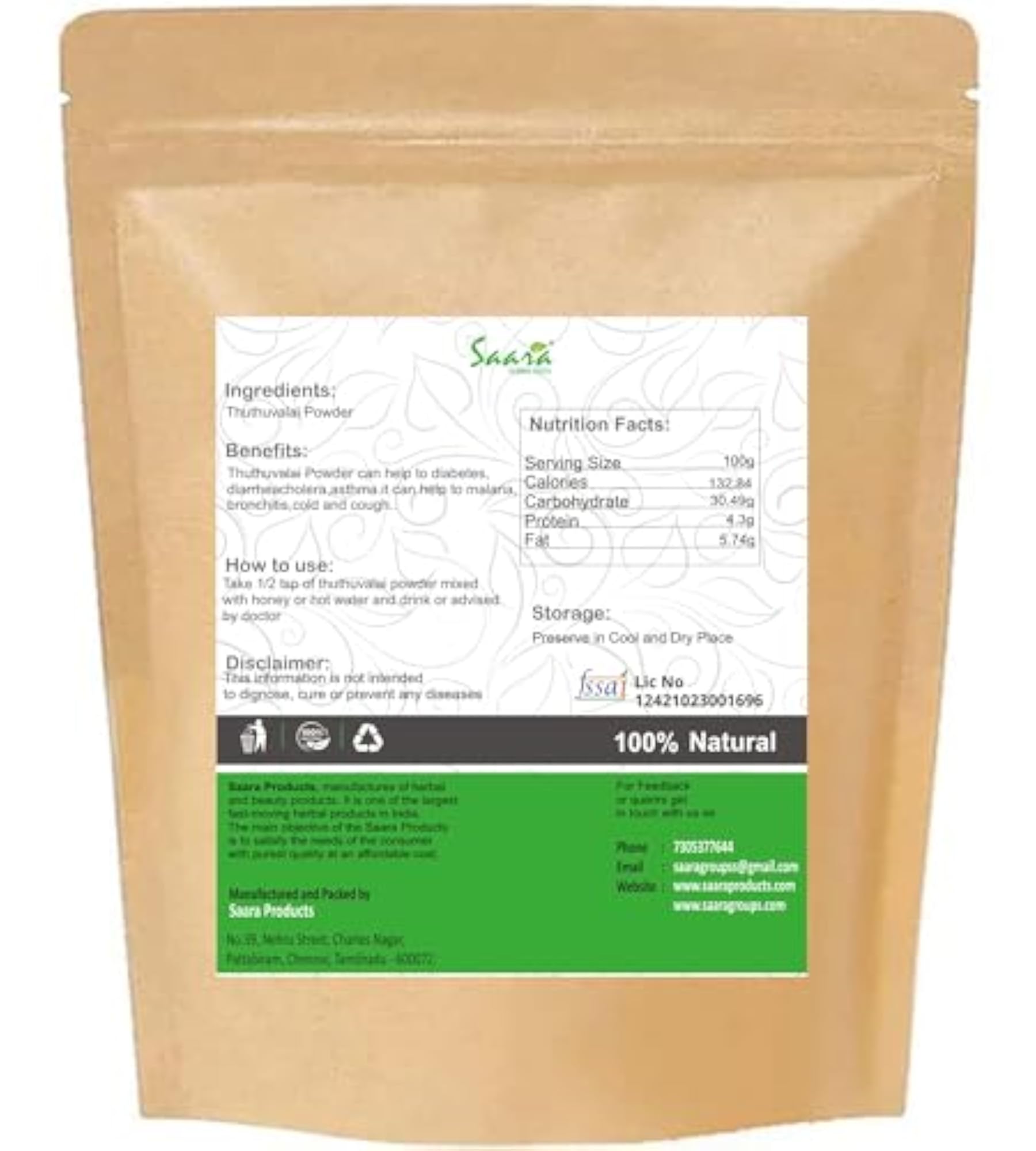 Saara HERBAL FRESH Thuthuvalai Powder, 70g