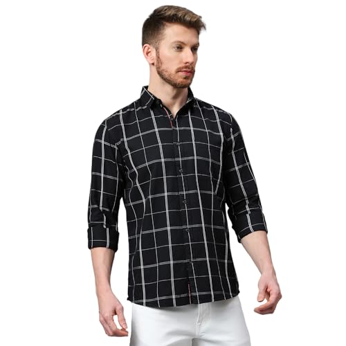 Image of Klub Fox Mens Checked Slim Fit Cotton Casual Shirts with Spread Collar & Long Sleeves