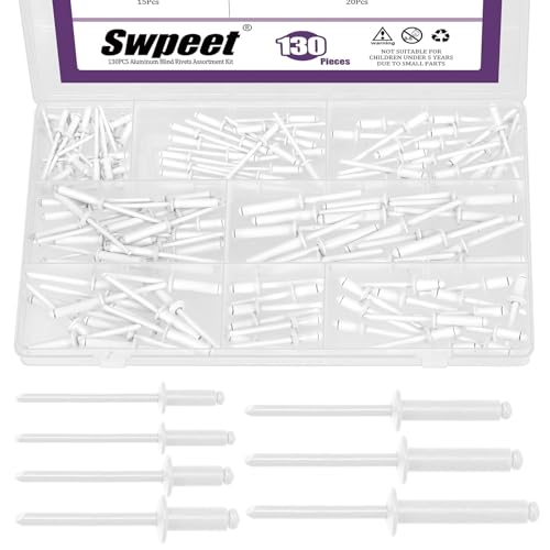 Swpeet Kit de 130 pièces de rivets aveugles en aluminium blanc de 7 tailles, kit de rivets aveugles de grands flancs, rivets aveugles en aluminium pour...