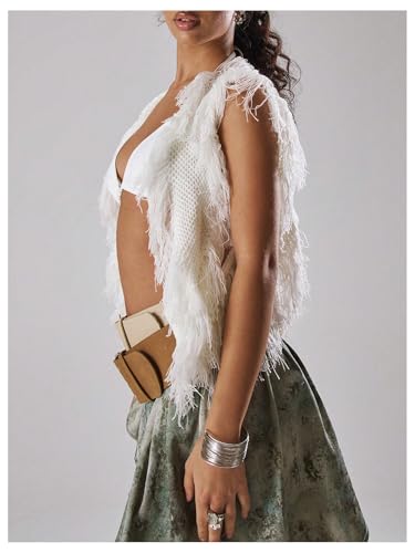 GORGLITTER Women's Crochet Fringe Vest Sleeveless Y2K Cardigan Cowgirl Boho Tops2
