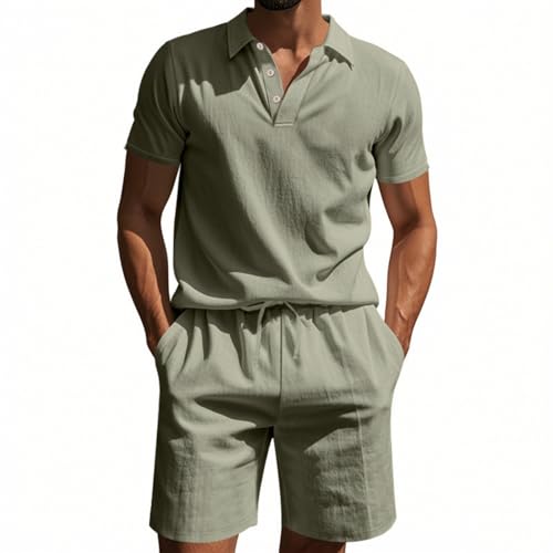 Men's 2 Pieces Linen Set Classic Fit Short Sleeve Polo Shirts & Shorts Lounge Sets Summer Vacation Beach Outfits