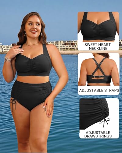 Daci Women Plus Size High Waisted Bikini Set - Two Piece Swimsuits Tummy Control Bathing Suit Ruched Bottom 20253