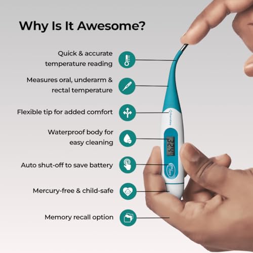 Image of PharmEasy Digital Flexible Tip Thermometer for Fever, Fast & Accurate Temperature Reading in Celsius | Waterproof, Oral & Underarm Use for both Kids & Adults | Ideal for Home Use, Easy-to-Read Screen