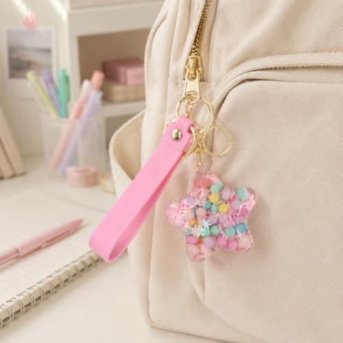 Image of Wanna Party Star Shaped Beads Keychain with Pink Wrist Strap, Cute Bag Charm Key Ring for Girls, Backpack Accessories, Birthday Return Gifts, Party Favors, School Bag Decoration - 1PC