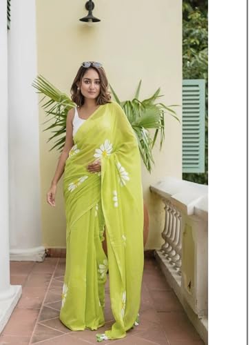Image of Lilan Cotton Saree with White Daisy Floral Prints Tassel Pallu Lightweight Summer Saree