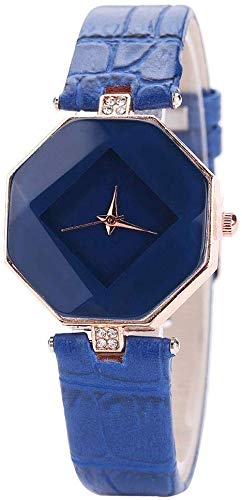 Damenuhr Quarzuhr mit Edelsteinschliff achteckiges Zifferblatt und Lederarmband für Elegante Frauen