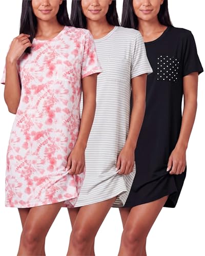 Image of Real Essentials 3 Pack: Women's Short Sleeve Nightgown Dress - Nightshirt Pajama Sleep Shirt Sleepwear (Available In Plus)