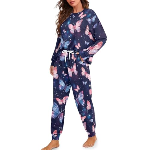 Image of Womens Lounge Set Long Sleeve Soft Pajama Sets Casual 2 Piece Pj Outfit Crewneck Sleepwear with Pockets Plus Size
